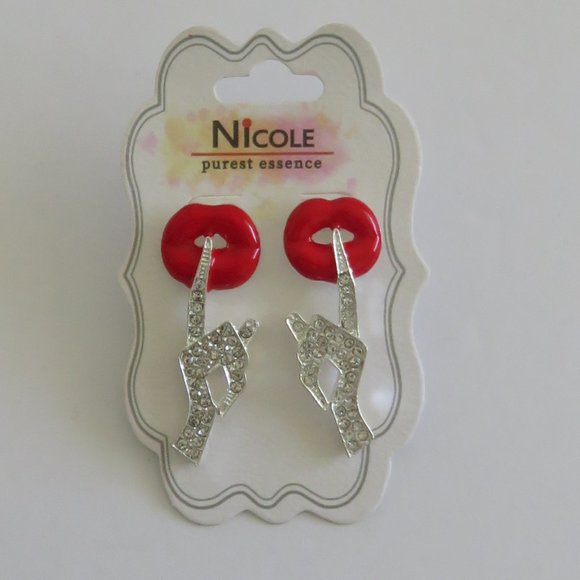 (#I) Nicole Purest Essence Lip Dangling Earrings Faux Rhinestone Silver - Picture 1 of 5
